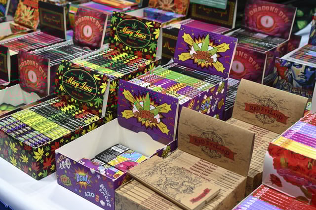 Custom printed rolling papers and cannabis related products on display at the CWCB Expo at the Javits Center on June 2, 2023 in New York City.