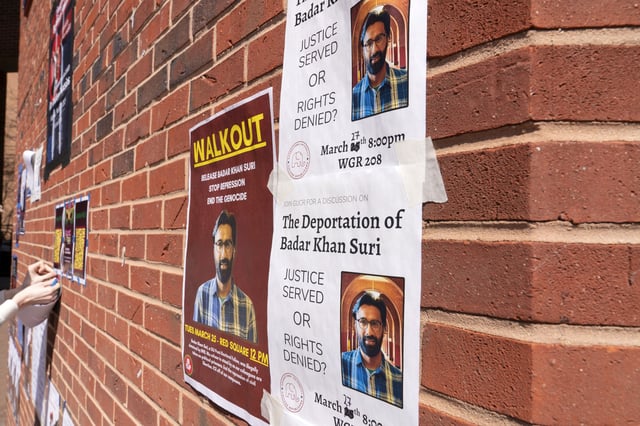 Flyers in support of Badar Khan Suri, a Georgetown University professor are seen, demanding his release from a deportation process over his views on Palestinian and the war in Gaza, at Georgetown University in Washington, Tuesday, March 25, 2025.