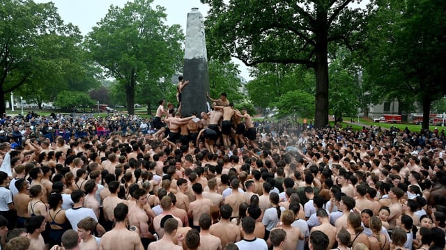 The Naval Academy Class of 2028 completed the annual Herndon monument climb in a time of 2:27:31 and are “Plebes no more!” (Paul W. Gillespie/Staff)