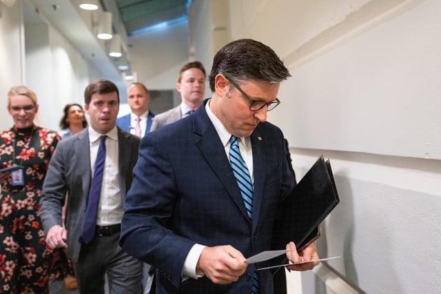 Speaker Mike Johnson, seen here arriving for a House Republican Conference meeting in the Capitol on Wednesday, publicly threw his weight behind a push to ban congressional stock trading.