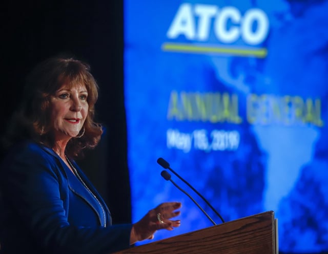 ATCO chief executive officer Nancy Southern addresses the company's annual meeting in Calgary on Wednesday, May 15, 2019. THE CANADIAN PRESS/Jeff McIntosh