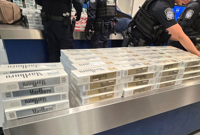 Hundreds of cartons of contraband cigarettes were seized from two passengers arriving April 17 in Southern California on a cruise ship. 