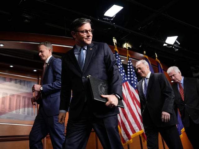 Speaker of the House Mike Johnson (R-LA), with Reps. Blake Moore (R-UT), left, Steve Scalise (R-LA), and Tom Emmer (R-MN), right, departing a press conference on Tuesday, Dec. 17 on Capitol Hill in Washington, DC.