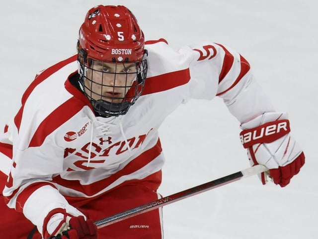 Boston University defenseman Tom Willander (5) skates during the second period of an NCAA hockey game against Massachusetts on Saturday, Dec. 7, 2024, in Boston.