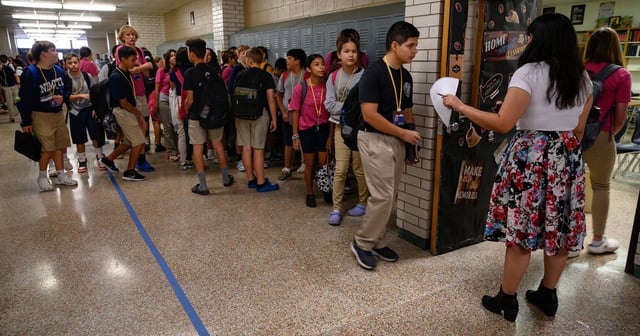 Nimitz Middle School students line up to enter their next class on Sept. 13, 2023 in Odessa.