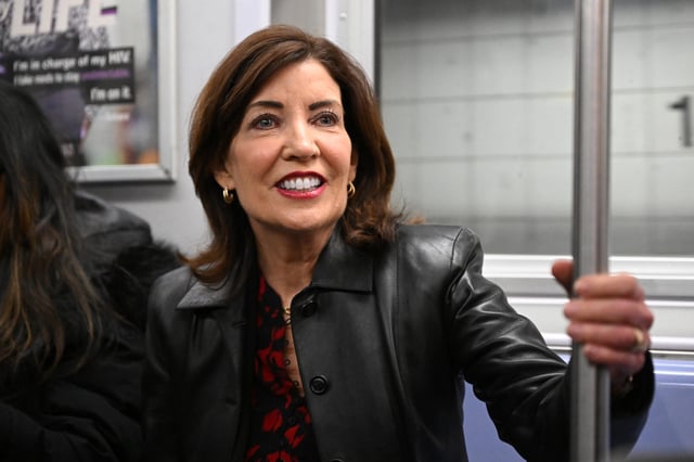 New York Governor Kathy Hochul, a Democrat, rides the subway on March 21, 2025 in New York City.
