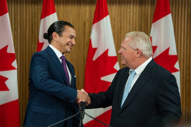 Manitoba Premier Wab Kinew, left, shakes hands with Ontario Premier Doug Ford before signing a Memorandum of Understanding at Queen’s Park in Toronto on Wednesday, May 14, 2025. THE CANADIAN PRESS/Laura Proctor