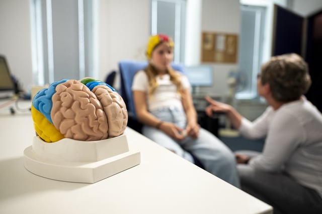 An illustrative model of a brain stands on the table next to a young EEG test subject.