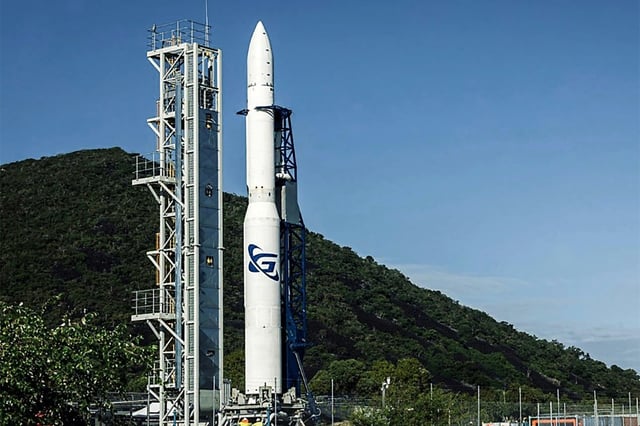An undated handout photo released by Gilmour Space Technologies on May 14, 2025 shows a three-stage Eris rocket seen near Bowen, on the east coast of Australia.  An Australian company says it aims to make the first orbital test launch of a locally-developed rocket on May 15, carrying a jar of Vegemite as its payload.