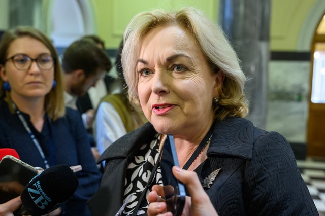 Attorney General Judith Collins speaks to media before question time at Parliament House in Wellington, New Zealand, Tuesday, December 12, 2023. (AAP Image/Mark Coote) NO ARCHIVING