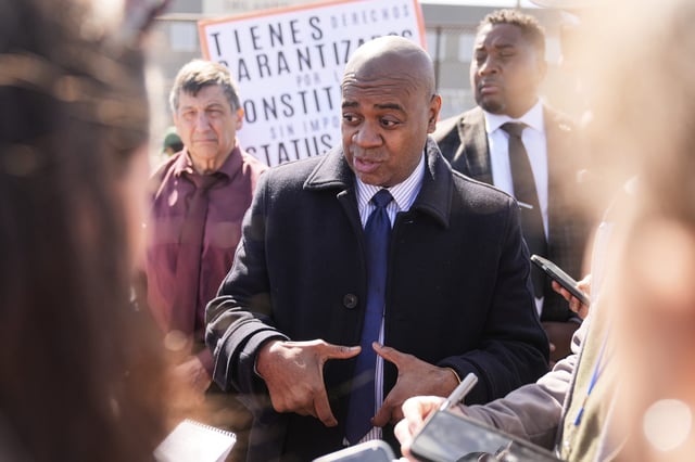FILE - Newark mayor and gubernatorial candidate Ras Baraka speaks to reporters after a protest in front of of Delaney Hall, the proposed site of an immigrant detention center, in Newark, N.J., March 11, 2025. (AP Photo/Seth Wenig, File)