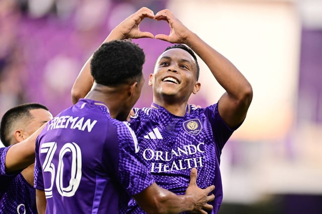 ORLANDO, FLORIDA - MAY 14: Luis Muriel #9 of Orlando City celebrates with Alex Freeman #30 after scoring a goal in the first half of a game against the Charlotte FC at Inter&amp;Co Stadium on May 14, 2025 in Orlando, Florida. (Photo by Julio Aguilar/Getty Images)
