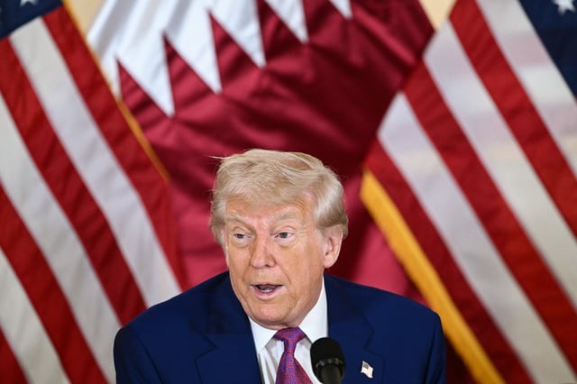 US President Donald Trump attends a breakfast with business leaders in Doha on May 15, 2025.