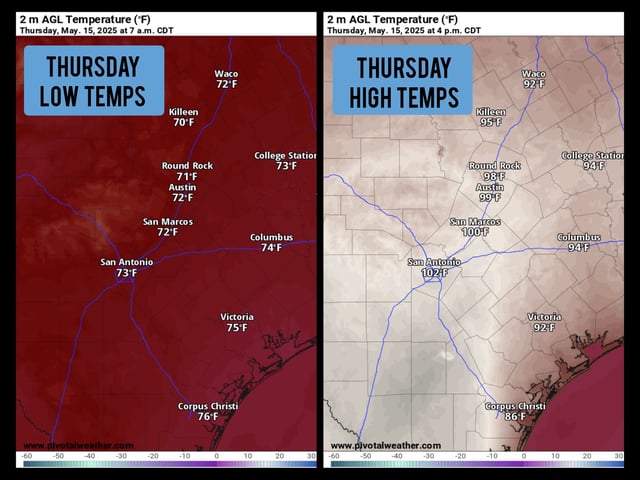 Shown are the expected low and high temperatures on Thursday across South Texas, according to the National Blend of Models.