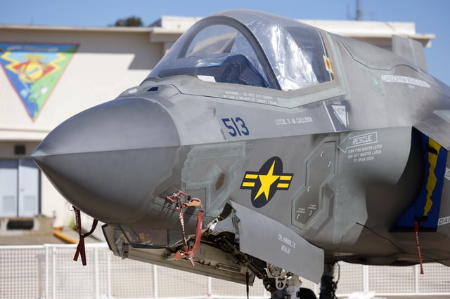 A U.S. Marine F-35B Lightning II (Joint Stike Fighter) is displayed at the Marine Corps Air Station Miramar Airshow on September 28, 2024 in San Diego, California.
