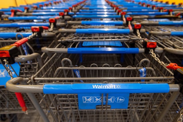 Shopping carts are lined up inside a Walmart store in Hamilton, Ontario, Canada, January 28, 2025. REUTERS/Carlos Osorio/File photo