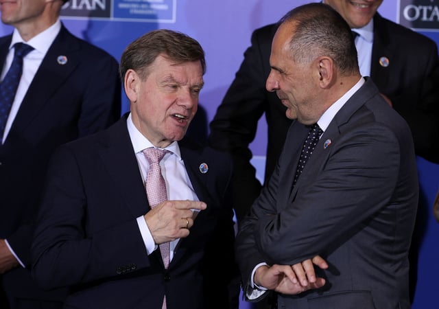 Greece's Foreign Minister Giorgos Gerapetritis speaks with German Foreign Minister Johann Wadephul, at NEST International Convention Center, in Antalya, Turkey May 15, 2025. REUTERS/Umit Bektas