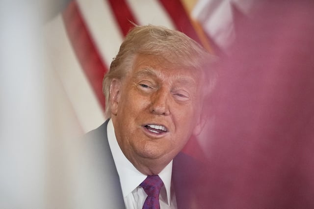 President Donald Trump speaks during a business roundtable, Thursday, May 15, 2025, in Doha, Qatar.