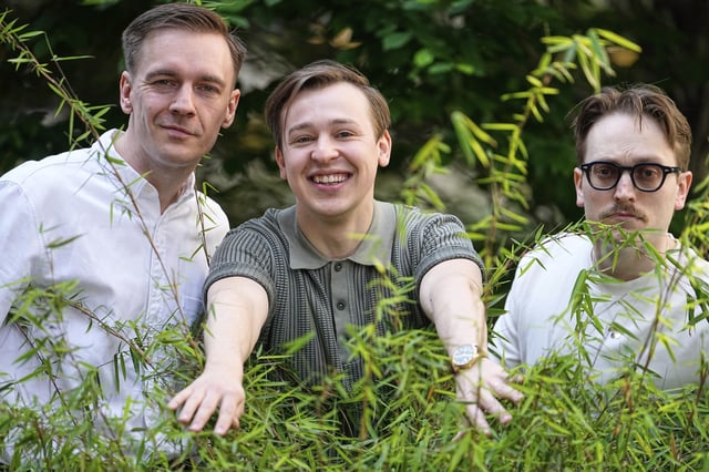 Swedish Eurovision contestants KAJ from Finland, Kevin Holmstrom, Jakob Norrgard and Axel Ahman, from left, pose for the camera before an interview with the Associated Press during the 69th Eurovision Song Contest week, in Basel, Switzerland, Thursday, May 15, 2025. (AP Photo/Martin Meissner)