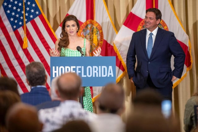 First Lady Casey DeSantis speaks alongside Florida Governor Ron DeSantis during a press conferance on July 29, 2024, in Tampa, Florida. (Dylan Townsend/Tampa Bay Times/ZUMA Press Wire/TNS)