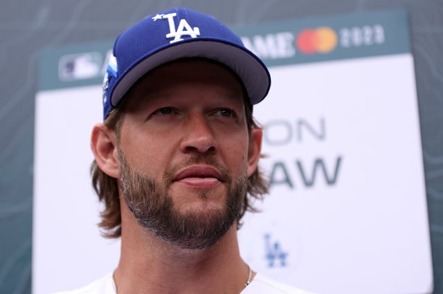 SEATTLE, WASHINGTON - JULY 10: Clayton Kershaw #22 of the Los Angeles Dodgers speaks to the media during Gatorade All-Star Workout Day at T-Mobile Park on July 10, 2023 in Seattle, Washington. (Photo by Steph Chambers/Getty Images)