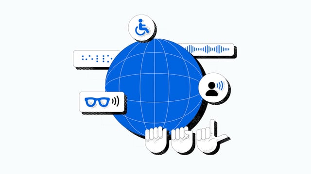 Illustration of a glob surrounded by symbols associated with common disabilities and communication