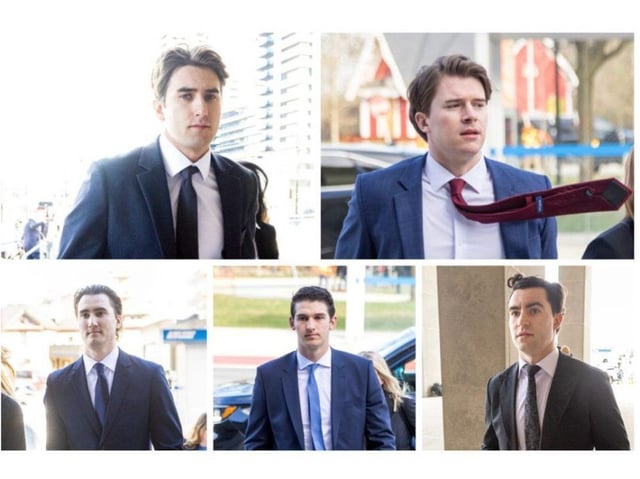 Clockwise from top left: Michael McLeod, Carter Hart, Dillon Dube, Cal Foote and Alex Formenton enter the London courthouse on on April 22, 2025. (Derek Ruttan/The London Free Press)