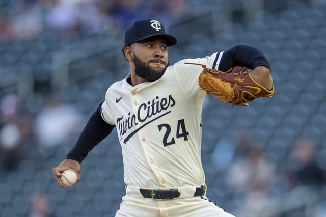 May 7, 2025; Minneapolis, Minnesota, USA; Minnesota Twins starting pitcher Simeon Woods Richardson (24) delivers a pitch against the Baltimore Orioles in the first inning at Target Field. Mandatory Credit: Jesse Johnson-Imagn Images/File Photo
