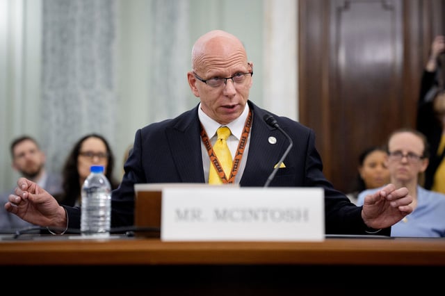 Federal Aviation Administration Air Traffic Organization Deputy Chief Operating Officer Franklin McIntosh speaks during a Senate Transportation Committee hearing to examine Federal Aviation Administration reauthorization and aviation safety on May 14 in Washington, DC.