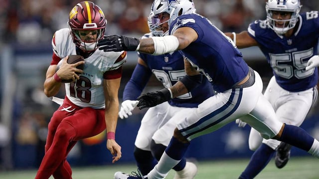 Dallas Cowboys defensive end Micah Parsons attempts to sack Washington Commanders quarterback Marcus Mariota on Sunday, Jan. 5, 2025, at AT&T Stadium in Arlington.