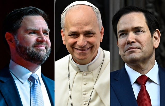 Vice President JD Vance (left) and Secretary of State Marco Rubio (right) will travel this weekend to Vatican City where they will attend the inaugural Mass of Pope Leo XIV (center), history&#39;s first American pontiff. (Getty Images)