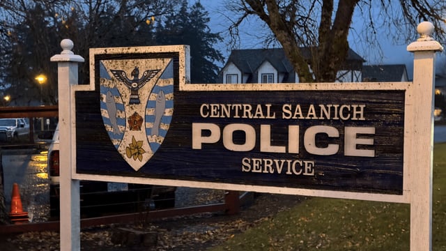 The Central Saanich Police sign is pictured on Dec. 17, 2024. (CHEK News)