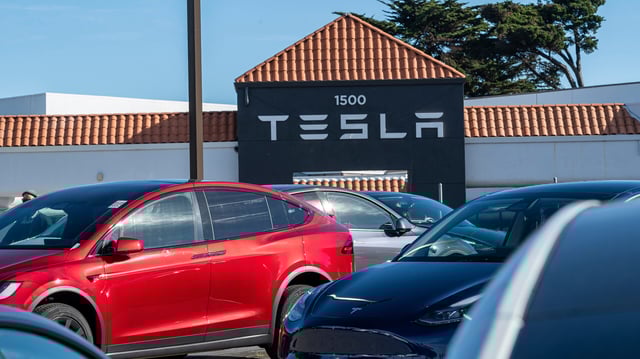 Vehicles at a Tesla store in Colma, California, US, on Wednesday, Dec. 13, 2023.