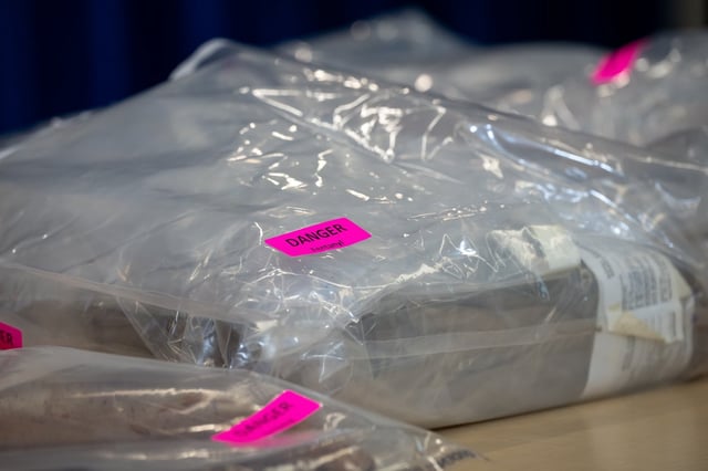 Fentanyl is pictured in evidence bags during an RCMP news conference in Surrey, B.C., on Thursday, April 10, 2025. THE CANADIAN PRESS/Ethan Cairns