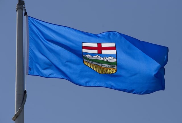 Alberta's provincial flag flies on a flagpole in Ottawa, Monday, July 6, 2020. 