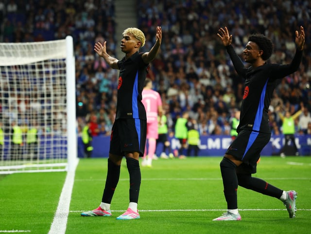 Soccer Football - LaLiga - Espanyol v FC Barcelona - RCDE Stadium, Cornella de Llobregat, Spain - May 15, 2025 FC Barcelona's Lamine Yamal celebrates scoring their first goal REUTERS/Albert Gea