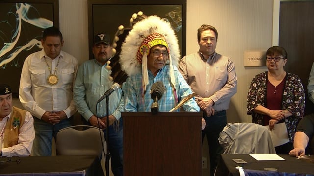 Henry Lewis, chief of Onion Lake Cree Nation, announces a lawsuit against the province of Saskatchewan in Saskatoon in 2023. Onion Lake Cree Nation announced Thursday it was reviving a lawsuit against Alberta's Sovereignty Act.