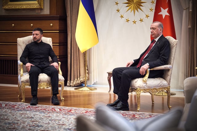 Turkey's President Tayyip Erdogan and Ukraine's President Volodymyr Zelenskiy attend a meeting at the Presidential Palace in Ankara, Turkey May 15, 2025. Ukrainian Presidential Press Service/Handout via REUTERS