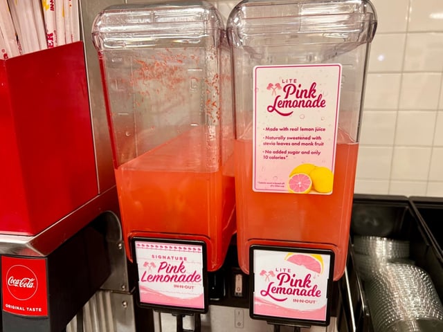 In-N-Out Burger has replaced the coloring it uses in its Signature Pink Lemonade. The chain’s Lite Lemonade, introduced in 2023, already had natural coloring. (Photo by Fielding Buck, The Press-Enterprise/SCNG)