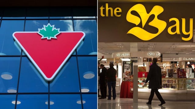 This composite image shows signage of Canadian Tire, left, and the Bay. THE CANADIAN PRESS/Sean Kilpatrick, Pawel Dwulit