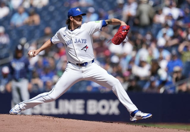 Toronto Blue Jays pitcher Kevin Gausman works against the Tampa Bay Rays during first inning American League MLB baseball action in Toronto on Thursday, May 15, 2025. THE CANADIAN PRESS/Nathan Denette