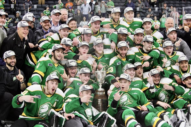London, Ont. - The London Knights celebrate their 2025 OHL Championship on the ice at Canada Life Place on May 15, 2025.