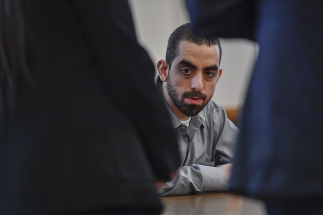 FILE - Hadi Matar sits in Chautauqua County court in Mayville, N.Y., Feb. 21, 2025. (AP Photo/Adrian Kraus, file)