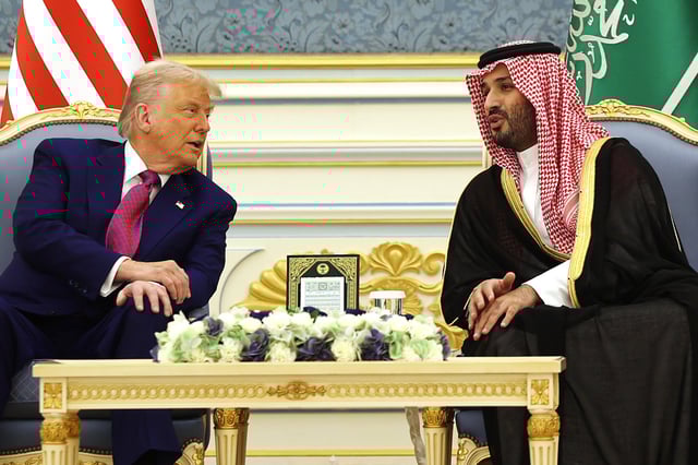 President Donald Trump meets with Saudi Crown Prince Mohammed bin Salman during a “coffee ceremony” at the Saudi Royal Court on May 13, 2025, in Riyadh, Saudi Arabia. (Photo by Win McNamee/Getty Images)