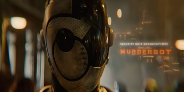 Murderbot (Alexander Skarsgard) with its face helmet on in Murderbot