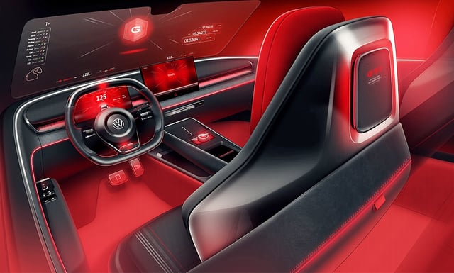 Wer im ID. GTI Concept Platz nimmt, sitzt auf Sportsitzen und blickt auf zwei einzelne Bildschirme – eine 10,9-Zoll-Cockpit-Anzeige und eine 12,9-Zoll-Infotainment-Steuerung.