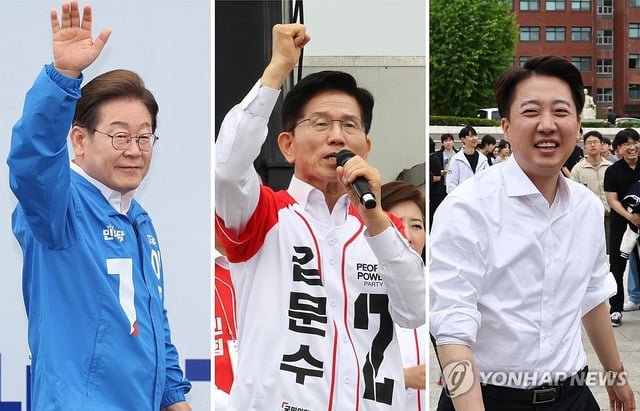 This combined photo taken May 16, 2025, shows the presidential candidates of South Korea's major political parties -- (from L to R) Lee Jae-myung of the liberal Democratic Party, Kim Moon-soo of the conservative People Power Party and Lee Jun-seok of the minor conservative New Reform Party -- making stump speeches in the southwestern city of Iksan, Suwon, near Seoul, and the central city of Cheonan, respectively, ahead of the June 3 presidential election. (Yonhap)