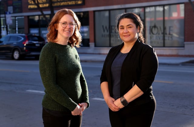 Alison Eichhorn, left, candidate for Chicago Teachers Union vice president, with Erika Meza candidate for CTU president, on March 8, 2025. The duo is challenging current CTU President Stacy Davis Gates and Vice President Jackson Potter. (Chris Sweda/Chicago Tribune)