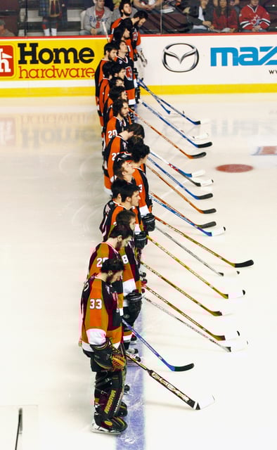 NEWS FILE PHOTO The Medicine Hat Tigers lineup on the blueline ahead of the 2007 Memorial Cup Finals game against the Vancouver Giants on May 24, 2007.
