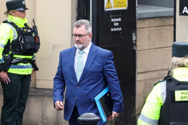 Jeffrey Donaldson, former leader of the Democratic Unionist Party (DUP) charged with historical sex offences, leaves the Newry Magistrates Court after a preliminary enquiry, in Newry, Northern Ireland, July 3, 2024. REUTERS/Damien Eagers